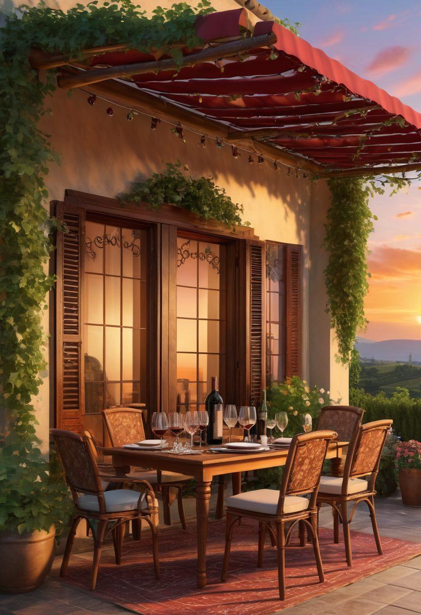 A cozy outdoor patio featuring elegant wine-themed awnings adorned with grapevine patterns, lush greenery surrounding the area, a wooden table set for wine tasting with glasses, a bottle of red wine, and a vibrant sunset in the background. The ambiance should evoke a sense of relaxation and luxury. super-realistic. warm colors. atmospheric lighting.