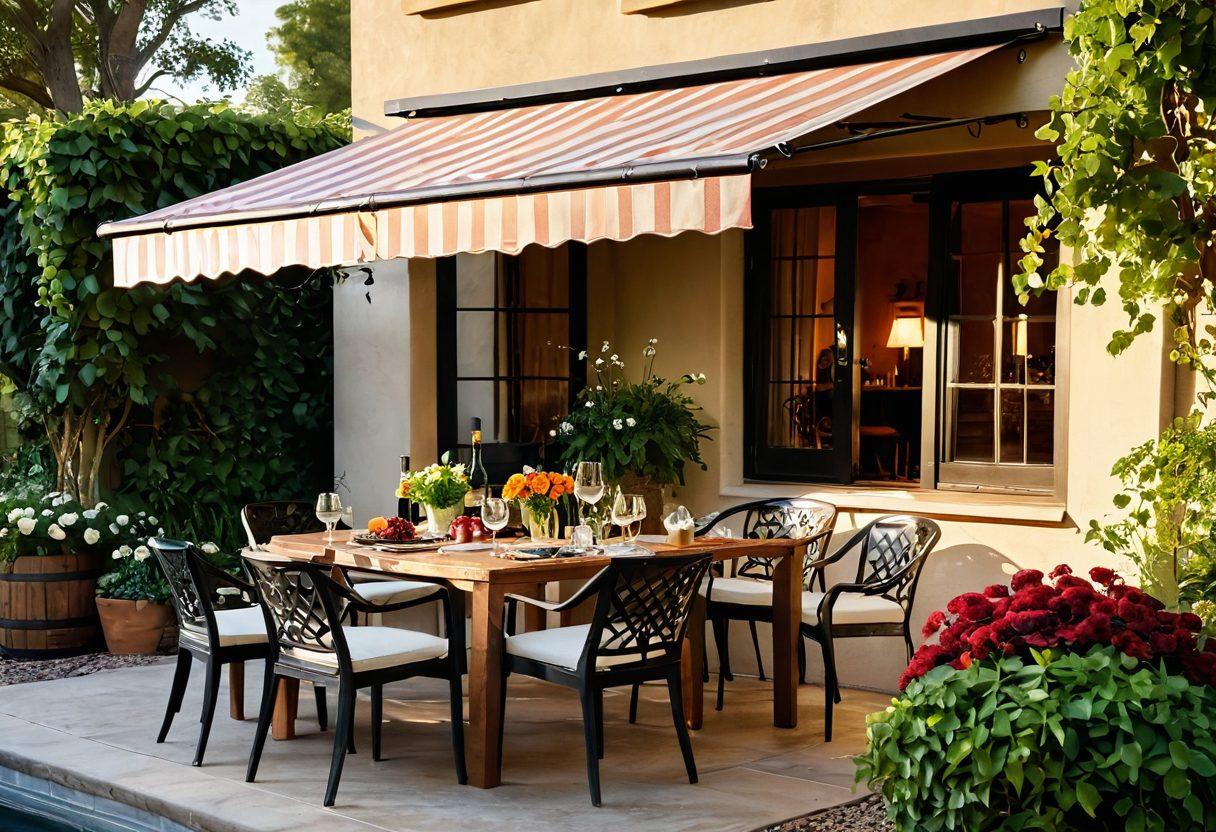A cozy outdoor patio adorned with elegant wine-themed awnings featuring grapevine patterns, sunlit with soft ambient lighting. A stylish wooden table set with an assortment of fine wines and glasses, surrounded by lush greenery and colorful flowers. A bottle of wine is chilling in an ice bucket, inviting a relaxed atmosphere. The scene captures a beautiful sunset in the background enhancing the warmth and charm of the setting. vibrant colors. super-realistic.