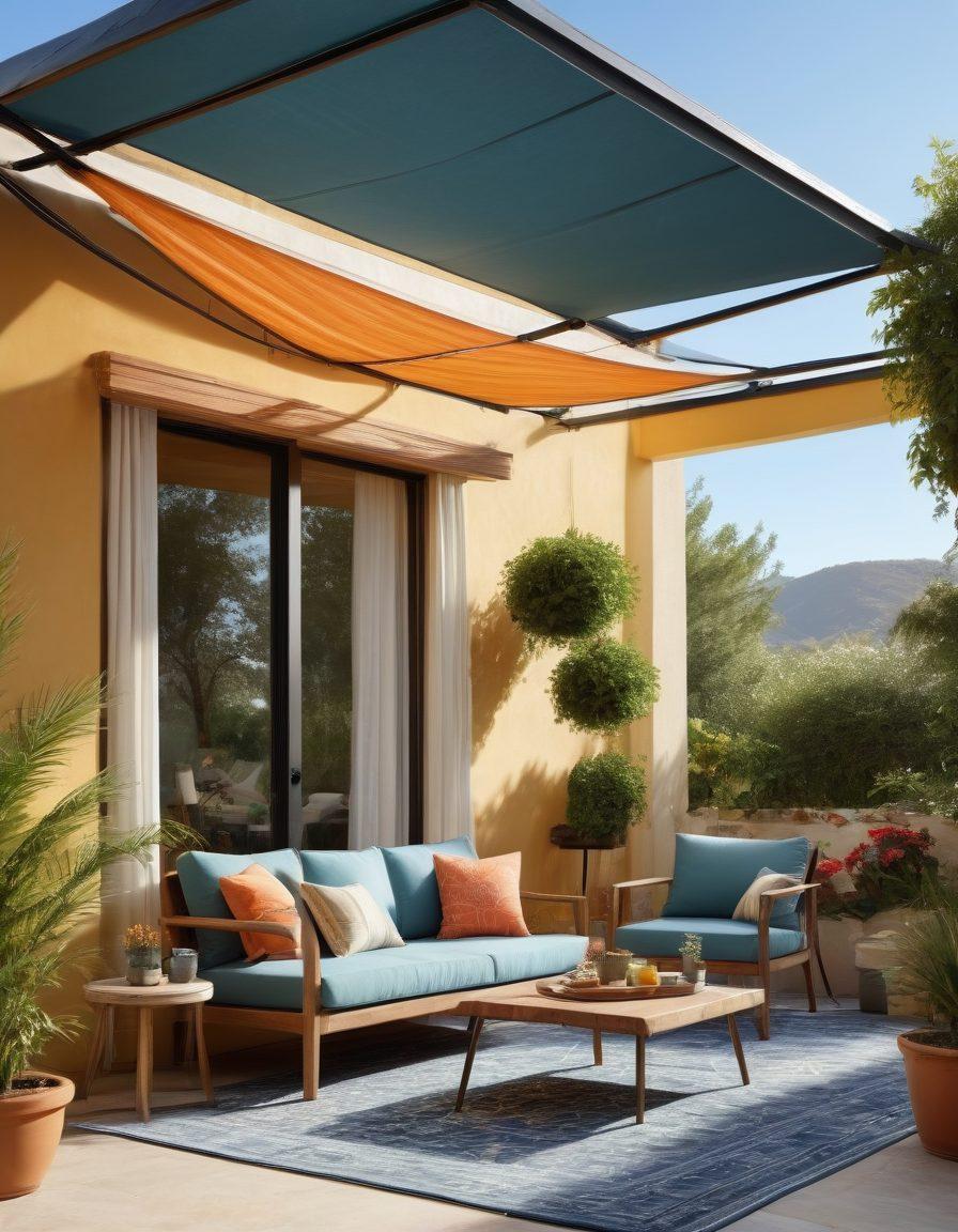 A serene outdoor setting featuring a stylish patio with different awning materials displayed, showcasing various colors and textures, under soft sunlight. Include elements like a comfortable lounge chair, potted plants, and a small table with refreshments, emphasizing relaxation and shade. The background should have a clear blue sky and gentle shadows created by the awnings, inviting the viewer to explore outdoor living. vibrant colors. super-realistic.